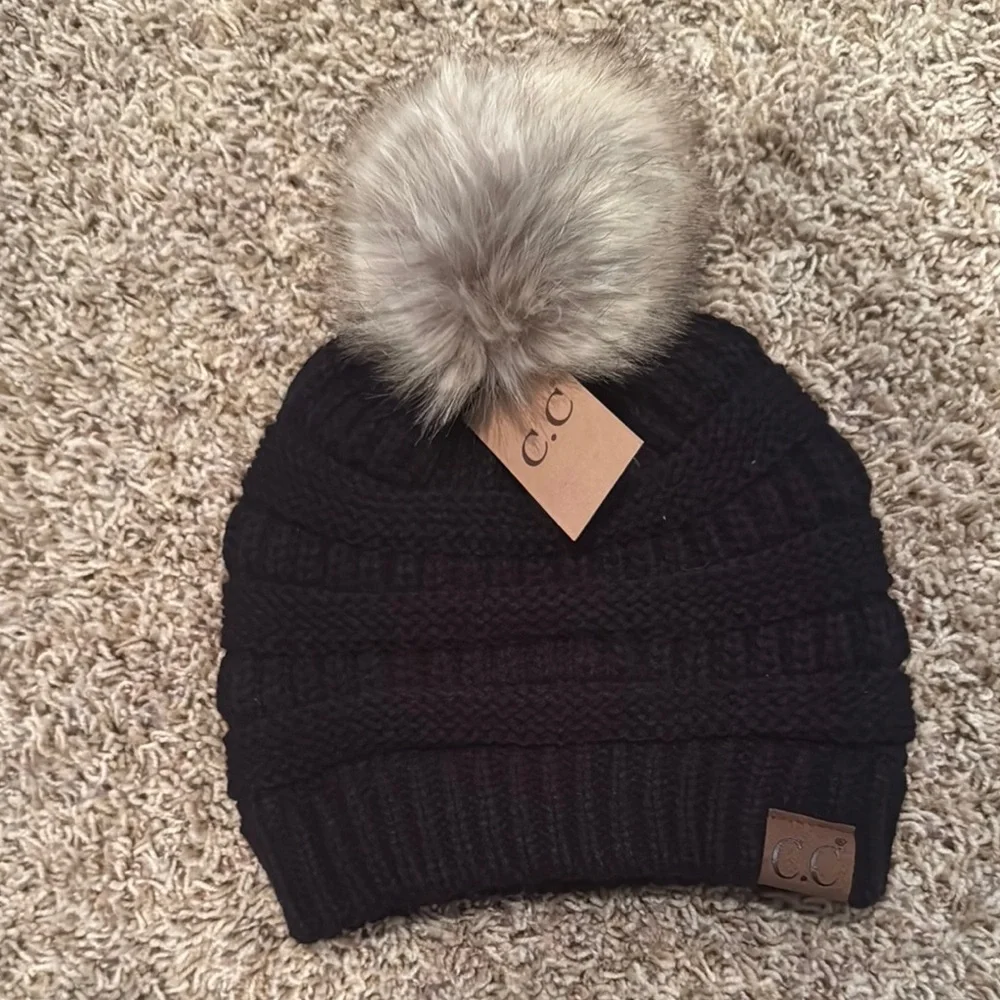 C.C Black Knit Beanie with Faux Fur Pom Pom